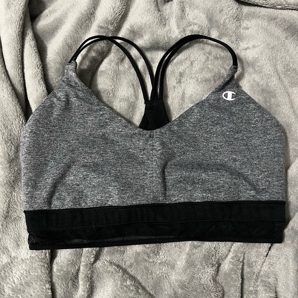 Gray and black champion sports bra